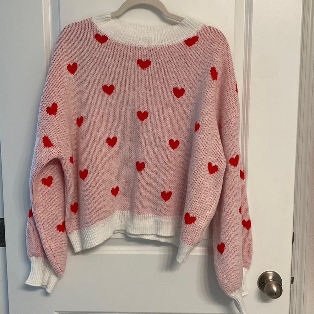 SHEIN Pink and Red Heart Sweater